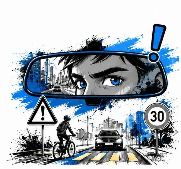Verkehrssituation: Blick in den Rückspiegel, Velofahrer und Tempo-30-Zone – Sehen und Wahrnehmen
