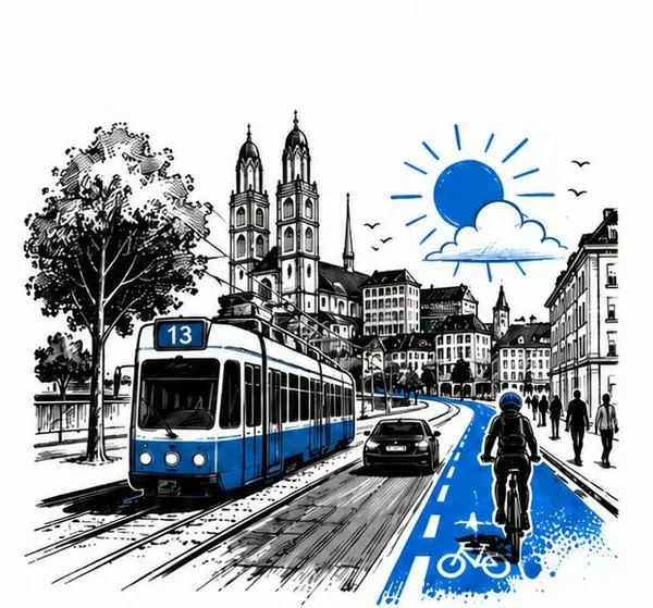 Zürcher Strassenverkehr mit Tram, Auto und Velofahrer bei verschiedenen Wetterbedingungen – Verkehrsumwelt