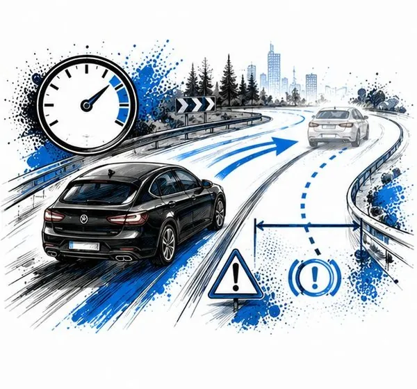Auto auf der Strasse mit Tacho und Bremsweg-Darstellung – Verkehrsdynamik