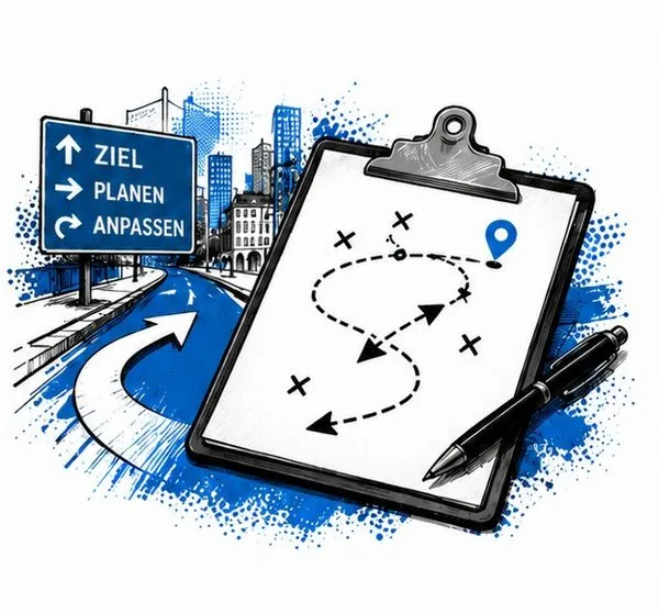 Routenplanung mit Wegweiser und Klemmbrett – Verkehrstaktik