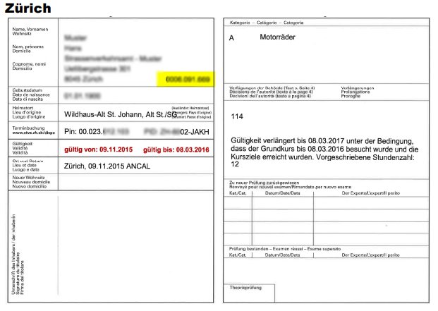 Position der Ausweisnummer auf dem Lernfahrausweis